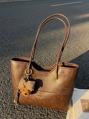 Bolso Tote de Gran Capacidad para Mujer Patchwork de Cuero PU y Gamuza Bolso de Hombro Vintage Con Colgante de Oso