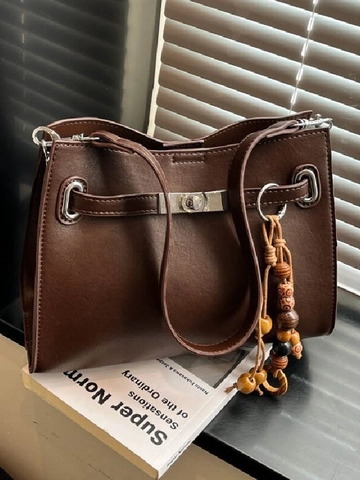 Damen Retro PU Leder Umhängetasche Mit Metall Drehverschluss Und Holzperlen Quaste Große Kapazität Pendler Tote Handtasche