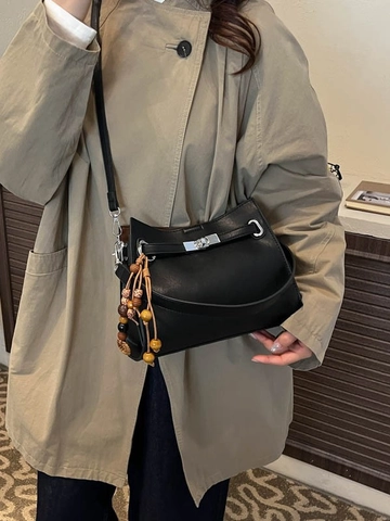 Damen Retro PU Leder Umhängetasche Mit Metall Drehverschluss Und Holzperlen Quaste Große Kapazität Pendler Tote Handtasche