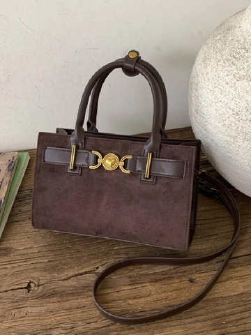 Bolso de Hombro Vintage de Cuero PU y Gamuza Con Costuras y Hebilla de Corazón para Mujer Bolso de Mano Retro Casual