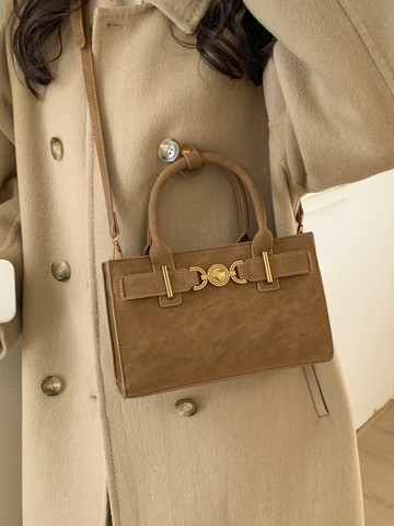 Bolso de Hombro Vintage de Cuero PU y Gamuza Con Costuras y Hebilla de Corazón para Mujer Bolso de Mano Retro Casual