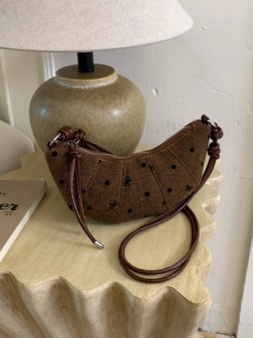 Dames Retro Stippen Croissant Tas Borduurwerk Strik Knoop Decor Stof Crossbody Tas Minimalistische Woon-werk Schoudertas