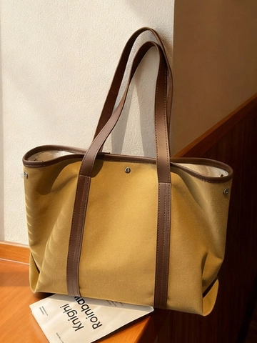 Bolso Tote de Lona de Gran Capacidad para Mujer Color de Contraste Vintage Bolso de Hombro Casual para Trabajo Viajes Estudiante