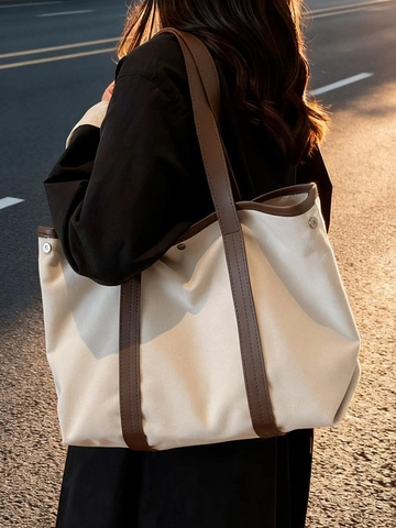 Bolso Tote de Lona de Gran Capacidad para Mujer Color de Contraste Vintage Bolso de Hombro Casual para Trabajo Viajes Estudiante