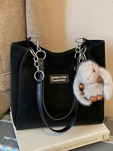 Damen Mode PU Wildleder Große Kapazität Tragetasche Mit Kaninchen Anhänger Kette Schultergurt Einfacher Pendler Einkaufstasche