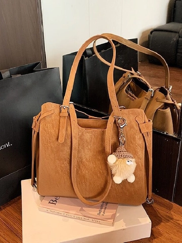 Damen Große Kapazität PU Leder Tragetasche Mit Plüschanhänger Kordelzug Umhängetasche Vintage Pendler Mode Handtasche