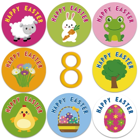 Rouleaux d'Autocollants de Pâques Ronds Motifs de Lapin Poussin Œuf Étiquettes Auto-adhésives Décoratives pour l'Emballage de Cadeaux de Bricolage Décoration de Fête