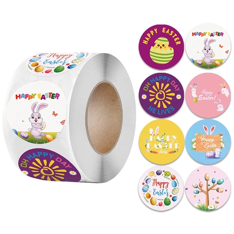 Runde Osterhasen Küken Eier Happy Easter Aufkleber Rolle Für Geschenkverpackung Umschlag Versiegelung Party Feiertag DIY Dekoration