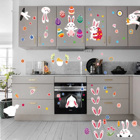 Adesivi Murali di Pasqua in PVC Impermeabile Coniglio dei Cartoni Animati Uova Colorate Pulcino Decalcomanie Decorazione Casa