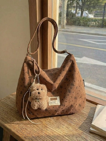 Damen Cord Große Kapazität Tragetasche Herz Schleife Druck Schultertasche Mit Plüschbär Schlüsselanhänger Lässige Hobo Tasche