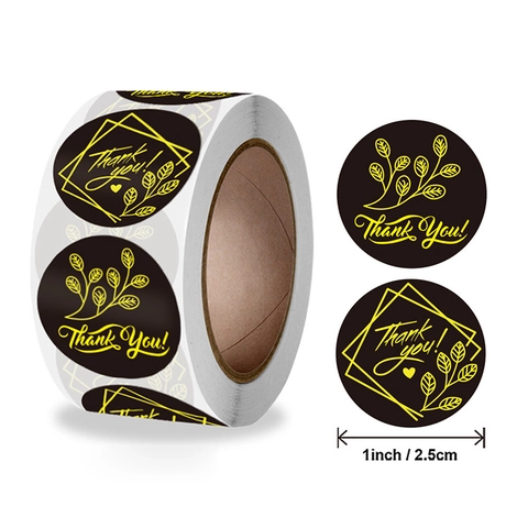 Gold Foil Thank You Stickers Round Black Adhesive Labels For Gift Wrapping Wedding Business Sealing Flower Wreath Heart Design