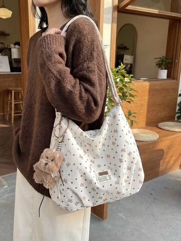Damen Cord Große Kapazität Tragetasche Herz Schleife Druck Schultertasche Mit Plüschbär Schlüsselanhänger Lässige Hobo Tasche