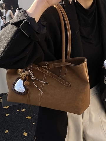 Vintage Mattes PU Leder Große Kapazität Tragetasche Für Damen Minimalistische Kontrastnähte Schultertasche Pendler Handtasche