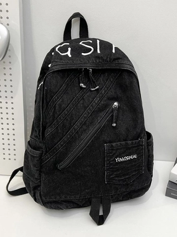 Sac à Dos en Denim Vintage pour Femmes Grande Capacité Sac d'École Multi Fermeture Éclair Imprimé Lettres Décontracté Voyage