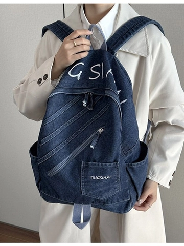 Sac à Dos en Denim Vintage pour Femmes Grande Capacité Sac d'École Multi Fermeture Éclair Imprimé Lettres Décontracté Voyage