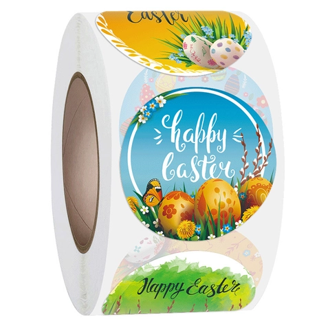 Happy Easter Aufkleber Rolle Rund Hase Osterei Blumenmuster Für Festival Geschenkbox Verpackung Briefumschlag Versiegelung