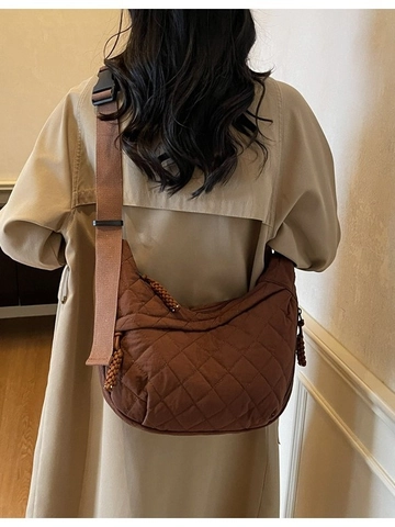 Women Large Capacity Quilted Rhombic Crossbody Bag Lightweight Polyester Half Moon Hobo Dumpling Bag Sporty Shoulder Bag
