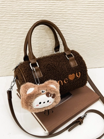 Borsa a Cuscino in Peluche da Donna Lana d'Agnello Pelle Sintetica Tracolla Borsa Boston Con Ricamo a Lettere Autunno Inverno