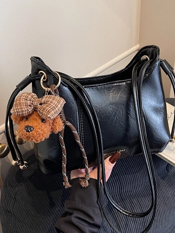 Bolso de Hombro Dumpling de Cuero PU Vintage para Mujer Bolso Bandolera de Color Sólido Con Colgante de Oso Peluche
