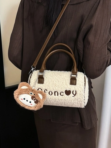 Borsa a Cuscino in Peluche da Donna Lana d'Agnello Pelle Sintetica Tracolla Borsa Boston Con Ricamo a Lettere Autunno Inverno