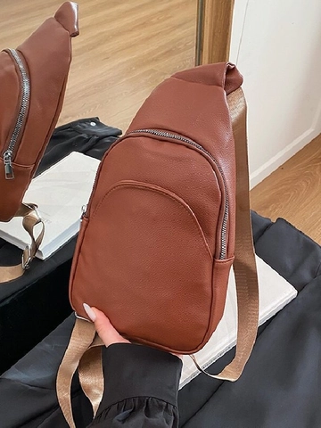 Bolso de Pecho de Cuero PU Vintage Patrón Litchi Para Mujeres Hombres Casual Color Sólido Deporte Riñonera Bandolera