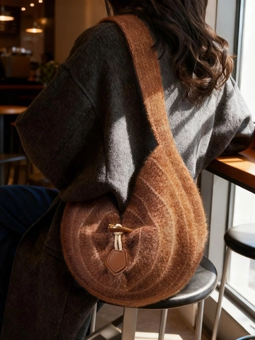 Damen Gestrickte Hobo Tasche Vintage Große Kapazität Flauschi Häkel Schultertasche Mit Hornknopf Mohair Stil Unterarmtasche
