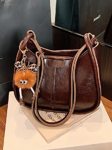 Vintage Oil Wax PU Leather Hobo Bag For Women Fashion Commute Shoulder Bag With Plush Monster Pendant Single Adjustable Strap Solid Color Handbag