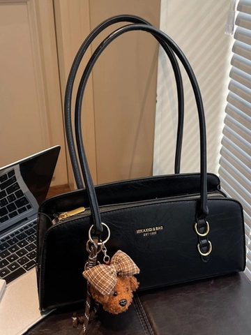 Bolso de Hombro de Axila de Cuero PU Vintage para Mujer Gran Capacidad Bolso de Mano Con Lindo Colgante de Oso Diseño Dorado