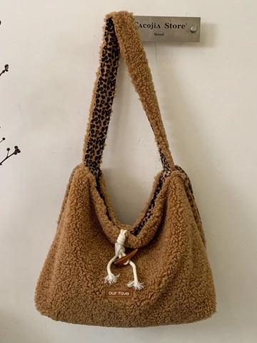 Women Retro Leopard Print Plush Tote Bag Large Capacity Fleece Shoulder Bag Toggle Button Casual Autumn Winter Crossbody Bag