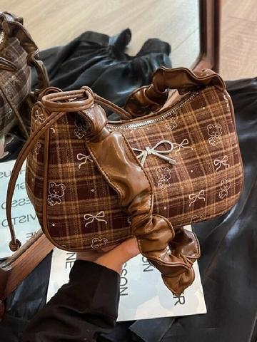 Borsa Sottoascellare Vintage a Quadri Donna Borsa a Spalla in Tessuto Con Stampa Orso Cartone Animato Fiocco Manico a Volant