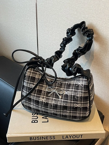 Borsa Sottoascellare Vintage a Quadri Donna Borsa a Spalla in Tessuto Con Stampa Orso Cartone Animato Fiocco Manico a Volant