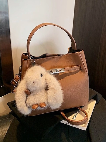 Women Vintage PU Leather Bucket Bag With Plush Rabbit Pendant Litchi Texture Shoulder Crossbody Handbag Twist Lock