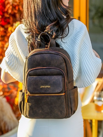 Vintage Multi Functional Women Backpack PU Leather Large Capacity Fashion Travel Commute Shoulder Bag Multi Pocket Daypack