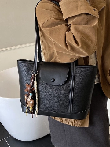 Borsa Tote da Donna Grande Capacità Motivo Litchi in Pelle PU Borsa a Spalla Casual Pendolare con Ciondolo a Orso