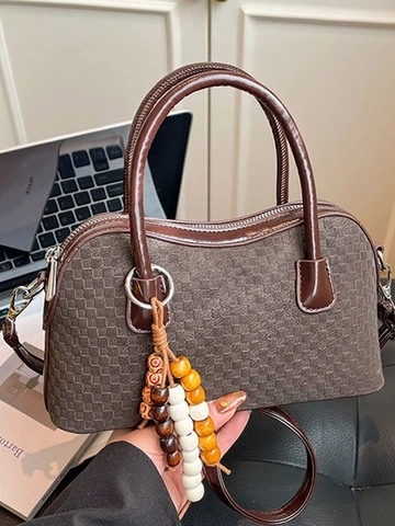 Minimalist Woven Texture PU Leather Handbag For Women Vintage Boston Crossbody Bag With Wood Bead Charm Adjustable Strap