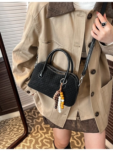 Minimalist Woven Texture PU Leather Handbag For Women Vintage Boston Crossbody Bag With Wood Bead Charm Adjustable Strap