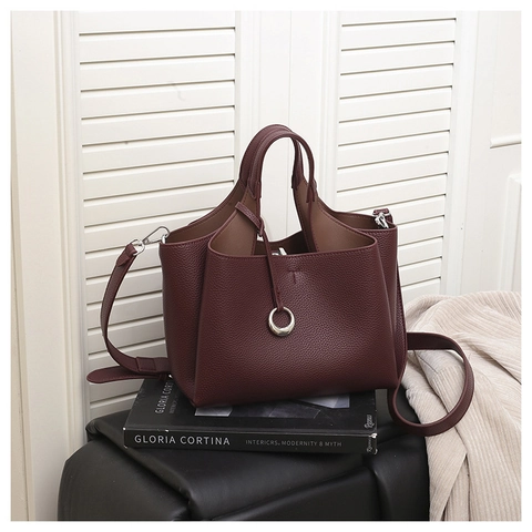 Trendy Lychee Texture PU Leather Bucket Bag για Γυναίκες Μόδα Commuter Shoulder Crossbody Tote Bag με Διακόσμηση Μεταλλικού Δακτυλίου