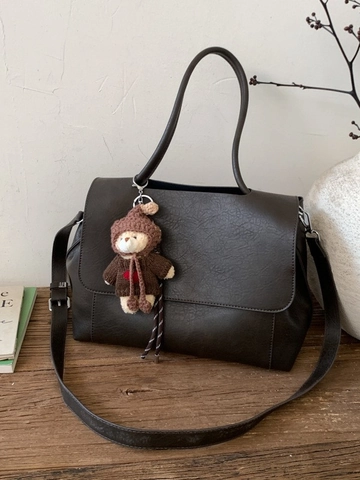 Retro Large Capacity Tote Bag For Women PU Leather Lychee Pattern Flap Shoulder Bag For Office Commute Casual Bag With Charm