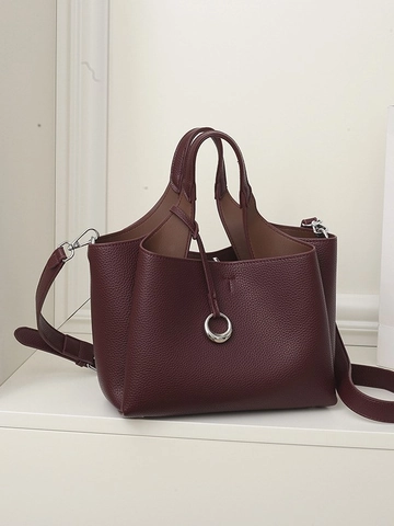 Borsa a Secchiello Donna in Pelle PU Texture Litchi Borsa a Mano Anello Metallico Argento Tracolla Rimovibile Elegante Borsa a Spalla