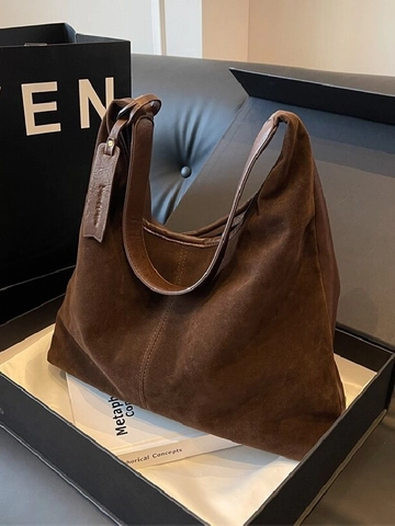 Vintage Large Capacity Velvet Shoulder Bag For Women Retro Solid Color Tote Bag Magnetic Buckle Casual Daily Handbag
