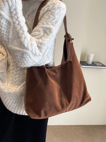 Vintage Large Capacity Velvet Shoulder Bag For Women Retro Solid Color Tote Bag Magnetic Buckle Casual Daily Handbag