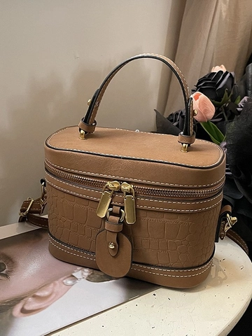 Sac Bandoulière Rétro en Cuir PU pour Femme Motif Crocodile Forme de Boîte Poignée Supérieure Double Fermeture Éclair Mode