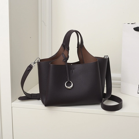Borsa a Mano da Donna in Pelle PU a Grana Litchi Con Decorazione in Anello di Metallo Retrò Pendolare Borsa a Tracolla