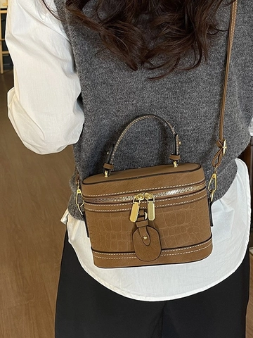 Sac Bandoulière Rétro en Cuir PU pour Femme Motif Crocodile Forme de Boîte Poignée Supérieure Double Fermeture Éclair Mode
