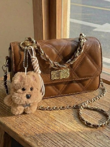 Women Quilted Chain Shoulder Bag PU Leather Small Square Crossbody Bag With Twist Lock And Plush Animal Charm For Daily Use