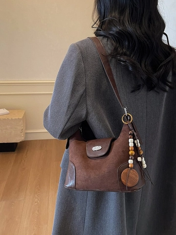 Vintage Women PU Leather Patchwork Dumpling Crossbody Bag Frosted Suede Hobo Shoulder Bag With Wooden Bead Tassel Daily Purse