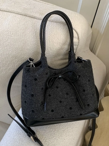 Damen Polka Dot Schleife Wollhandtasche Retro Tweed Tote Bag Mit Abnehmbarem Schultergurt Koreanischer Stil Spleißen Umhängetasche