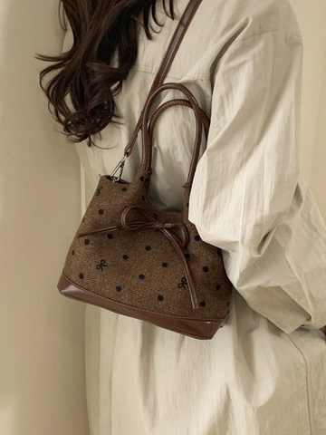 Damen Polka Dot Schleife Wollhandtasche Retro Tweed Tote Bag Mit Abnehmbarem Schultergurt Koreanischer Stil Spleißen Umhängetasche