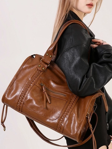 Retro French Large Capacity Tote Bag For Women PU Leather Motorcycle Shoulder Crossbody Bag With Rivets And Tassels