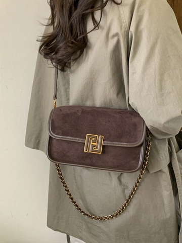 Borsa a Tracolla in Catena in Pelle PU Scamosciata Vintage per Donna Borsa a Spalla Quadrata Minimalista Fibbia Geometrica Borsa Quotidiana di Moda